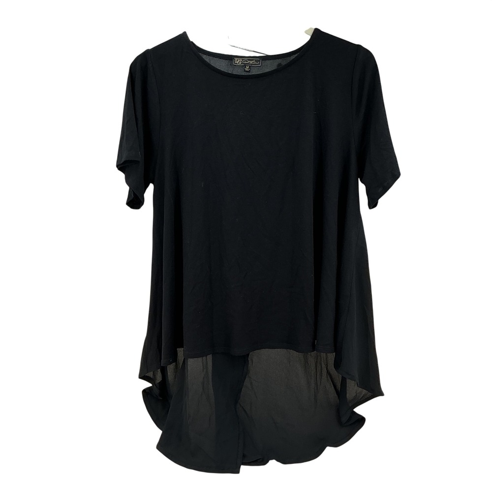 DG2 Diane Gilman Tunic Women M Black High Low Sheer Split Back Minimalist Top